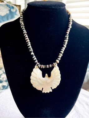 Vintage Southwestern Mother of Pearl Eagle Heishe Bead Necklace